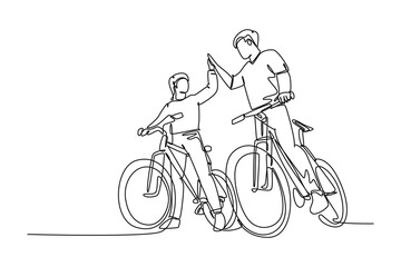 Single one line drawing young happy couple male and female with bicycle together and giving high five gesture. Romantic relationship concept. Modern continuous line design graphic vector illustration