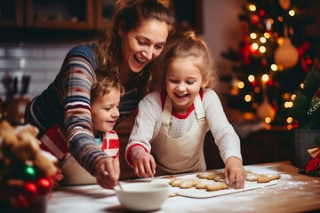 Fototapeta premium Photo of a woman and two children baking cookies together