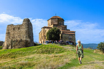 Tourist walk to the Jvari monastery in Georgia, Mtskheta