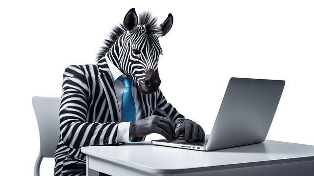 Young Business Man Zebra Wearing Suit Working On Laptop Isolated On White Background