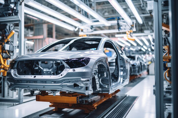 Car production line. Assembling a car on a conveyor belt. Close-up of a car body. Automotive industry Interior of a high-tech factory, modern production.