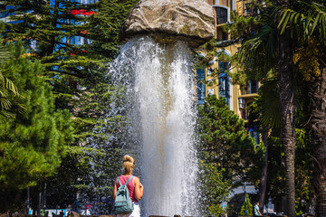 Batumi, Georgia. Fountain "suspended stone" in Batumi. Fountain in the "Park 6 May"