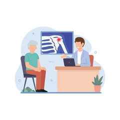 Doctor telling patient about shoulder joint pain disease vector illustration. Medical concept for banner, website design or landing web page