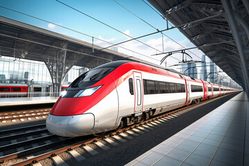 Fototapeta premium Red and white modern high-speed train on a railway platform. Boarding platform at the railway station. High-speed transport.