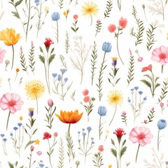 Flat lay. Summer flowers on white background. Seamless Pattern.