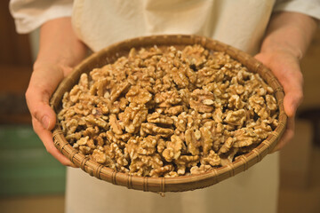 walnuts, ingredients, preparation, hands, basket, close-up,