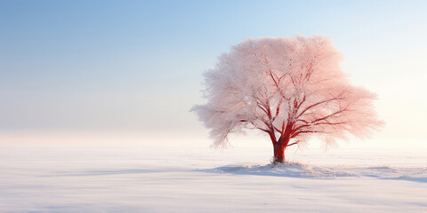 lonely poplar tree on the snowfield - obrazy, fototapety, plakaty