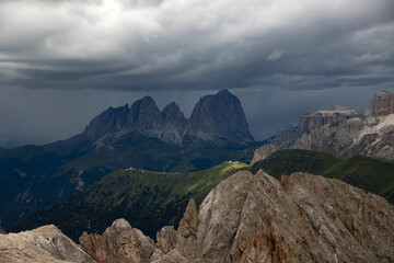 The three peaks of the Sassolungo (Langkofel) befor summer storm in the Dolomites, Italy.