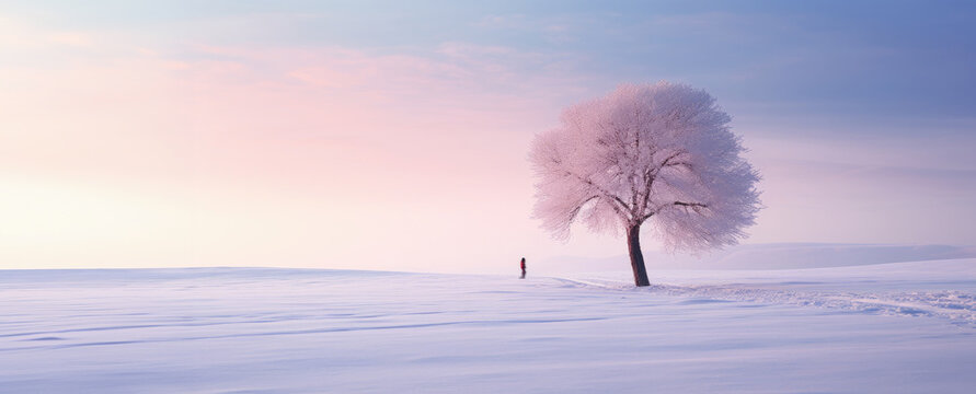 One people near the lonely poplar tree on the snowfield