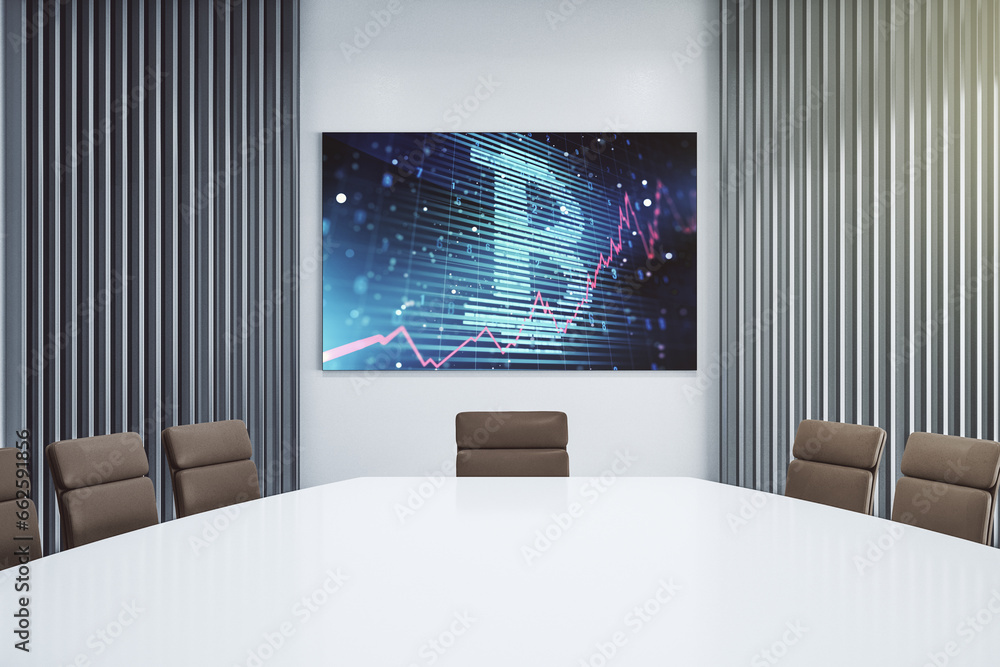 Poster Creative Bitcoin concept on tv display in a modern presentation room. 3D Rendering