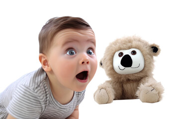 Surprised Cute Baby Encountering a Soft Puppy Closeup Isolated on Transparent Background PNG.