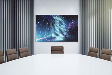 Creative Bitcoin concept on tv display in a modern presentation room. 3D Rendering