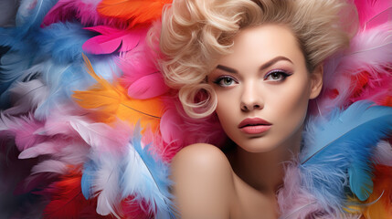fashion caucasian vogue model with luscious, juicy lips and feather art