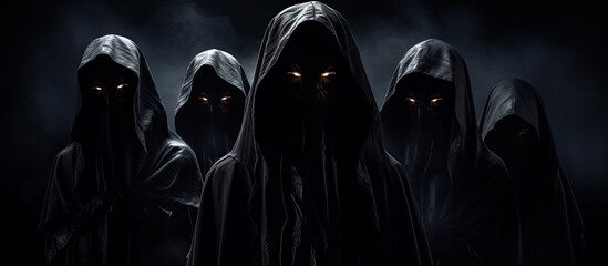 Dark figures in scary cloaks five in group With copyspace for text