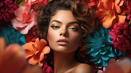 fashion caucasian vogue model with luscious, juicy lips and tropical flower art