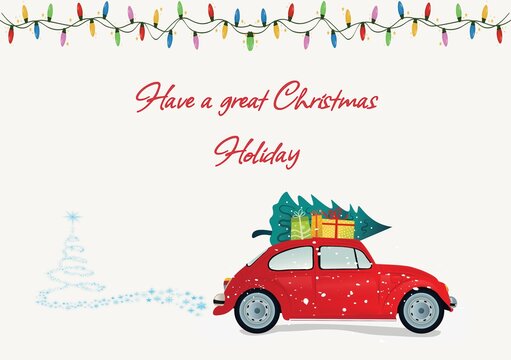 Illustration of red car with christmas tree and colourful lights with have a great christmas holiday