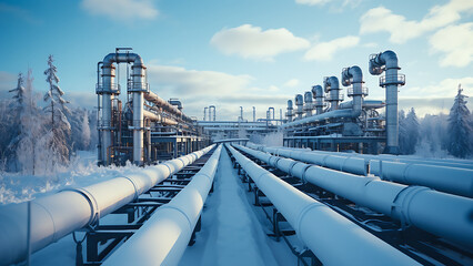 Snow-covered gas pipes and industrial processing of natural gas. - obrazy, fototapety, plakaty