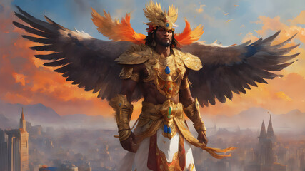 Garuda has the body of a person, the back of a bird and has wings. A deity in Indian and Buddhist mythology.