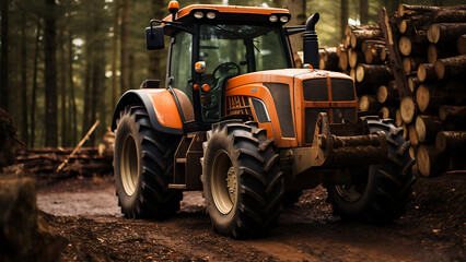 Tractor parked next to wood.