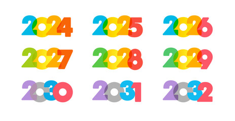 Set of creative numbers from 2024 to 2032. Creative icons 2025, 2026, 2027, 2028, 2029, 2030 and 2031 logo. Calendar or planner cover design. Isolated elements. Colorful concept. New year icons.