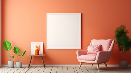 Interior of living room with pink armchair and poster mockup, 3d render