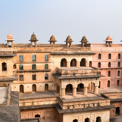 Beautiful view of Orchha Palace Fort, Raja Mahal and chaturbhuj temple from jahangir mahal, Orchha, Madhya Pradesh, Jahangir Mahal (Orchha Fort) in Orchha, Madhya Pradesh, Indian archaeological sites