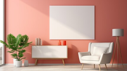 Interior of living room with red walls, tiled floor, comfortable white armchair and two vertical posters. 3d rendering