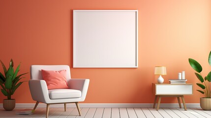 Interior of living room with orange walls wooden floor white armchair and white mock up poster 3d