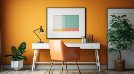 Interior of modern room with orange walls, wooden floor, orange armchair and poster on the wall. 3d rendering
