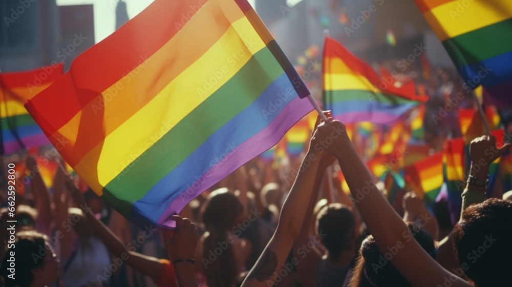 Wall mural Pride community at a parade with hands raised and the LGBT flag.