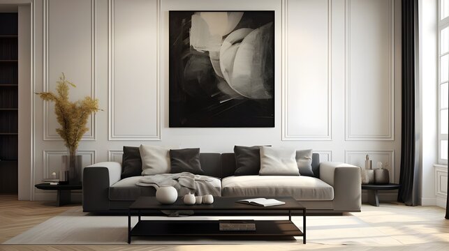 a living room decorated with a large black and white artwork, in the style of neoclassical clarity, vray, muted, earthy tones, large-scale canvas, wlop, sculpted, dark black and light beige