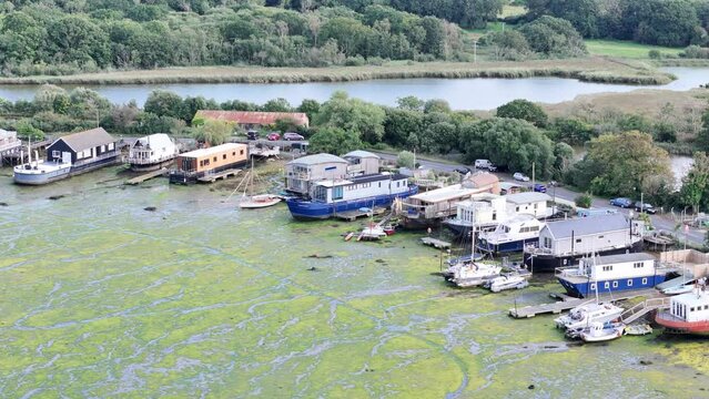 House boats Bembridge village Isle of wight Uk panning drone,aerial