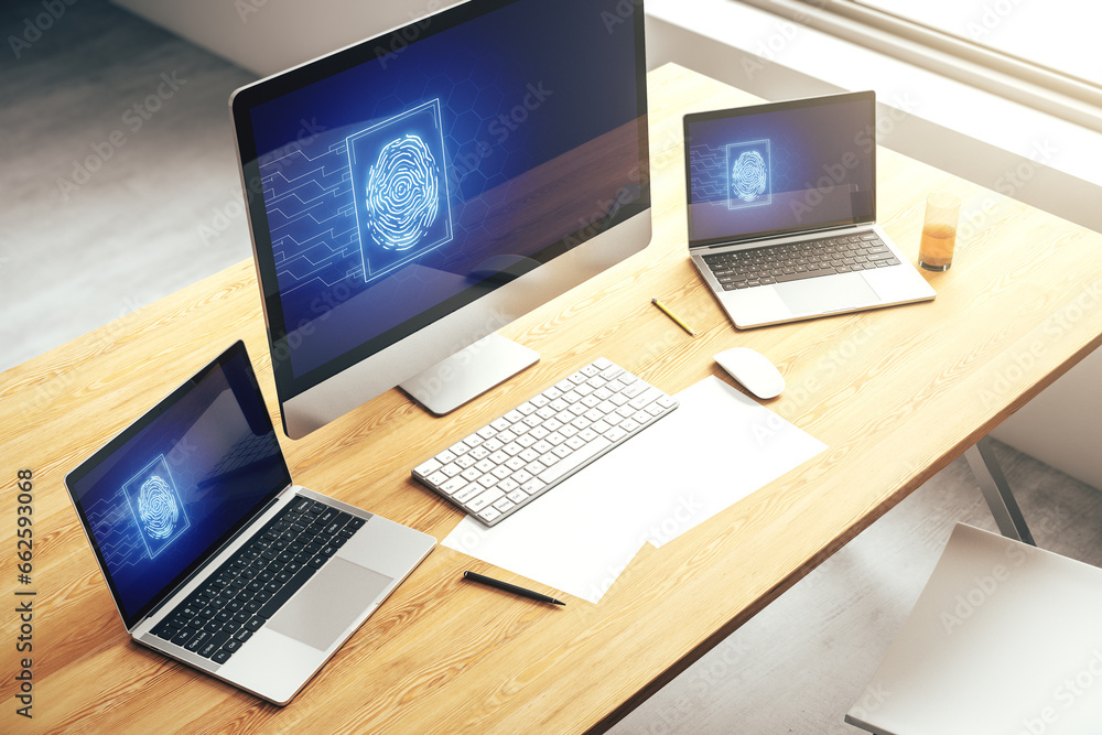 Aufkleber Computer monitor with abstract creative fingerprint illustration, personal biometric data concept. 3D Rendering