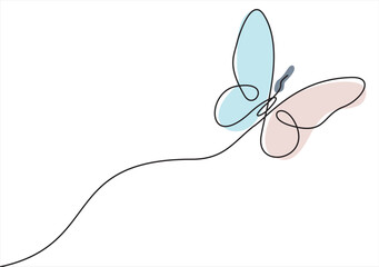 Butterfly in One continuous line drawing. Beautiful flying moth for wellbeing beauty or spa salon logo and divider concept in simple linear style. Editable stroke. Doodle vector illustration
