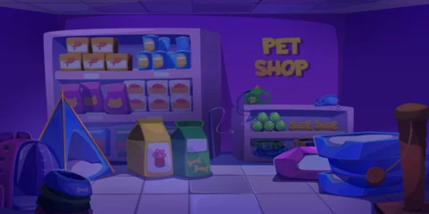 Poster Closed pet shop interior at night. Cartoon vector dark zoo store with care products and accessories for domestic animals. Racks with cat and dog food, houses and toys, counter with cash register. © klyaksun