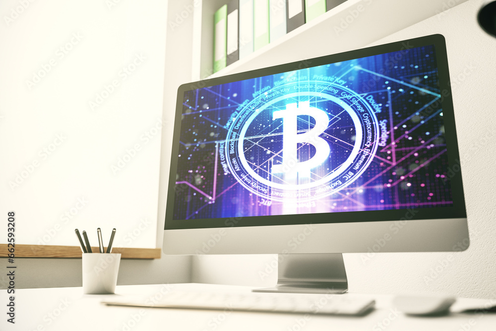 Aufkleber Modern computer monitor with creative Bitcoin symbol. Cryptocurrency concept. 3D Rendering