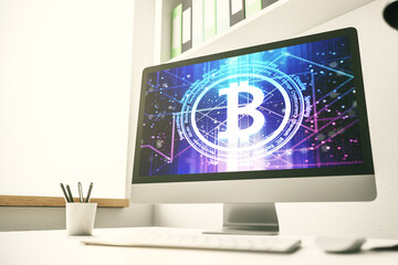 Modern computer monitor with creative Bitcoin symbol. Cryptocurrency concept. 3D Rendering