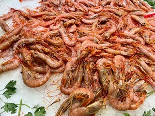 Fresh shrimps scampi or prawns at fish market stall in on ice for sale. Street seafood. Variety of fresh seafood. Supermarket seafood department