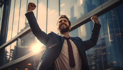 successful businessman fist up in the air - obrazy, fototapety, plakaty