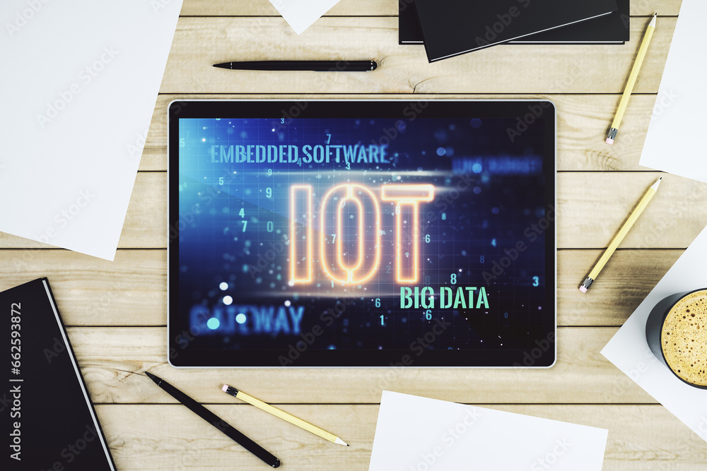 Poster modern digital tablet monitor with creative iot hologram, research and development concept. top view