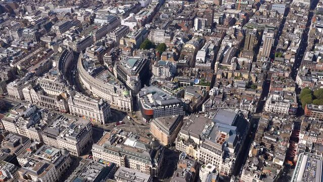 Aerial view of Piccadilly Circus, Regents Street and Soho, London, UK.