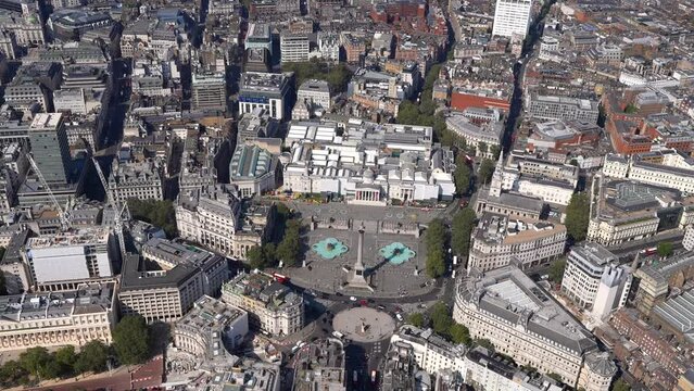Aerial view of Trafalgar Square, Nelson's column and the National Gallery, London, UK.