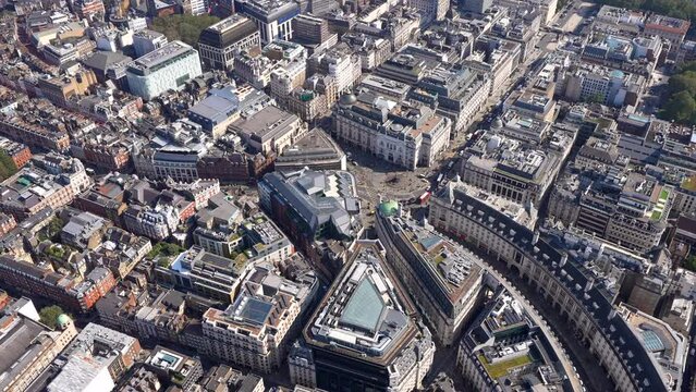 Aerial view of Piccadilly Circus, Eros, Regents Street and Soho, London, UK.
