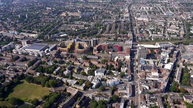 Aerial view of Arsenal and Highbury, including new stadium. Arsenal, London, UK.