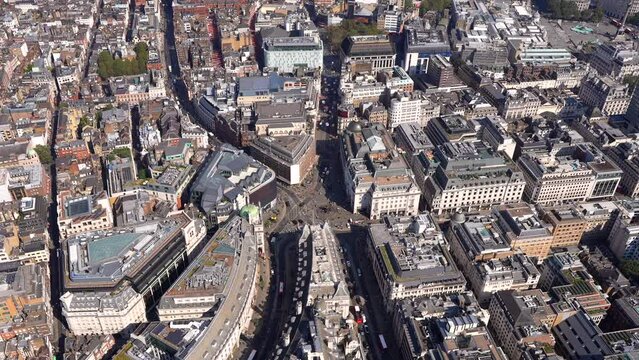 Aerial View of Piccadilly Circus, Eros and Soho, London, UK.