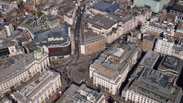 Aerial view of Piccadilly Circus and the Eros Statue, Soho, London, UK.