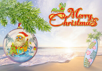 Merry Christmas Cartoon Santa Claus. Background for tropical Christmas. Santa Claus on the beach. Christmas on summer, resort, warm climate theme for posters, greeting cards. - 662594401