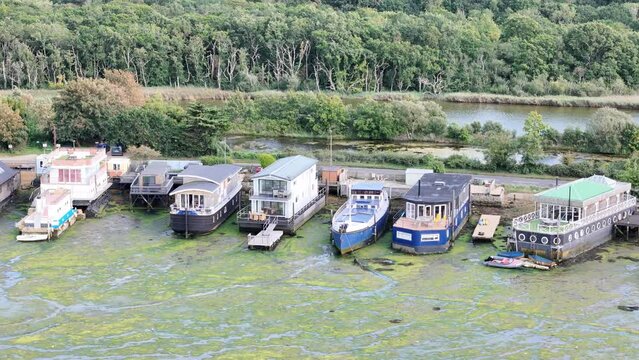 Low panning drone house boats Bembridge village Isle of wight Uk