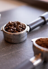 coffee beans in espresso equipment.
