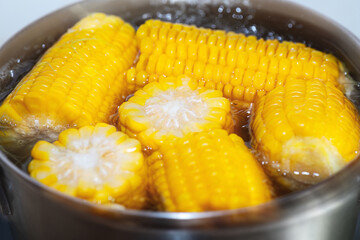Boiled corn on the cob in a pan